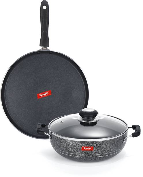 Sumeet NonStick Zilarra Cookware Set (Dosa Tawa - 26.5Cm Dia + Kadhai With Glass Lid -2Ltr - 22Cm Dia ) Non-Stick Coated Cookware Set