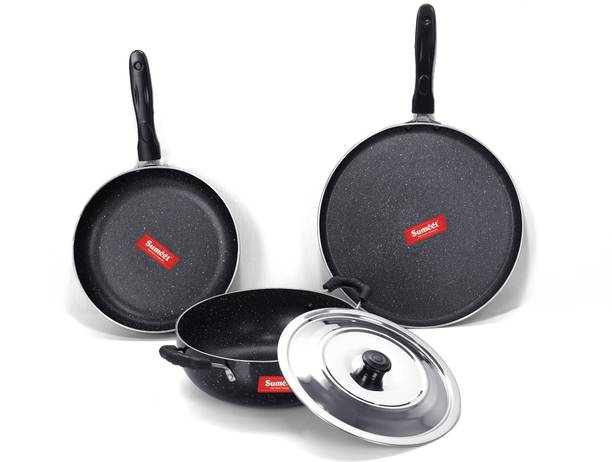 Sumeet NonStick Sparkle Induction Cookware Set of 3 Pcs (Tawa 26.5Cm, Kadhai With Lid - 2 Ltr - 22Cm, Frypan - 1.3Ltr - 22Cm) Non-Stick Coated Cookware Set