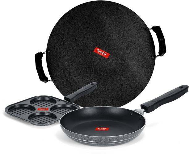 Sumeet NonStick Grizaj Cookware Set (Tawa-30.5cm Dia + Mini Multi Snack Maker - 4 Cavity -19.5cm + Tapper pan - 0.6Ltr - 20Cm Dia) Non-Stick Coated Cookware Set
