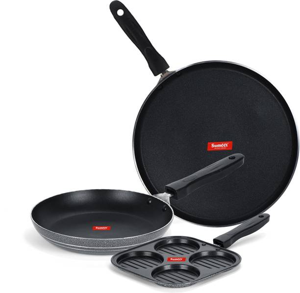 Sumeet NonStick Grys Cookware Set (Dosa Tawa - 26.5Cm Dia + Mini Multi Snack Maker - 4 Cavity -19.5cm + Tapper pan - 0.6Ltr - 20Cm Dia) Non-Stick Coated Cookware Set