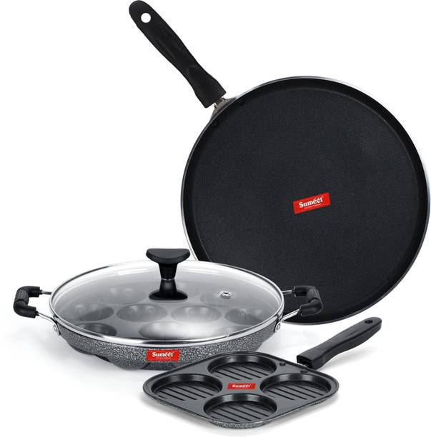 Sumeet NonStick Kijivu Cookware Set (Dosa Tawa - 26.5Cm Dia + Mini Multi Snack Maker - 4 Cavity -19.5cm + Grill Appam Patra with Glass Lid - 12 Cavity - 22cm Dia) Non-Stick Coated Cookware Set