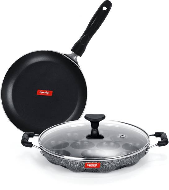 Sumeet NonStick Striebro Cookware Set (Tapper pan - 0.6Ltr - 20Cm Dia + Grill Appam Patra with Glass Lid - 12 Cavity - 22cm Dia) कुकवेयर सेट