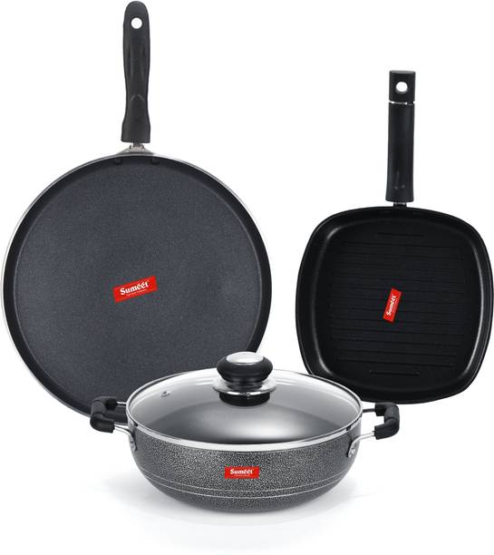 Sumeet NonStick Cawl Cookware Set (Dosa Tawa - 26.5Cm Dia + Kadhai With Glass Lid -2Ltr - 22Cm Dia + Grill Pan-22cm Dia) Non-Stick Coated Cookware Set