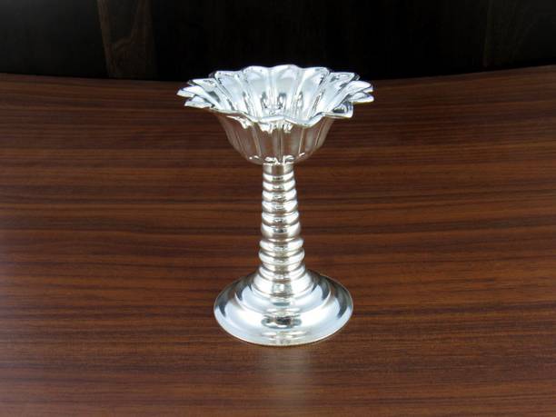 GoldGiftIdeas Long Size Flower Diya for Pooja Silver Plated Table Diya