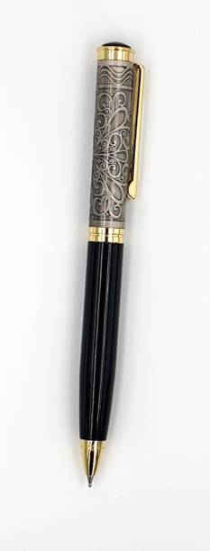Maskey Brass Made with Gold Parts Glossy Metallic Black Body Textured Design Grey Cap Flawless Ball Pen