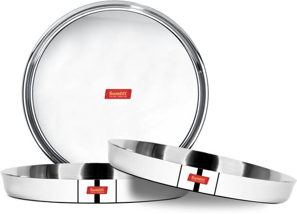 सुमीत 22 Gauge Stainless Steel Traditional Dinner Plate / Thali 28.5Cm (2Ltr) - set of 3pc डिनर प्लेट