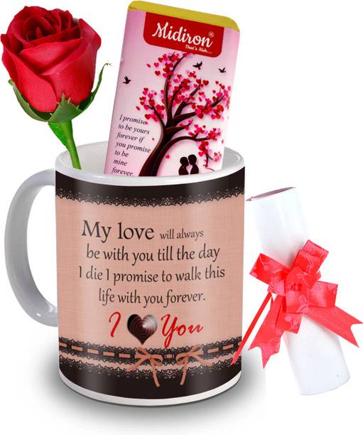 Midiron I Promise to be yours chocolate bar with love letter and Artificial Rose, Love quoted Coffee Mug, Gift for Valentine Day, Birthday, Anniversary for Wife, Girlfriend, Fiance IZ20DTLoveBar5RoseLC-181 Ceramic Gift Box