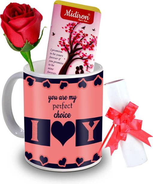 Midiron I Promise to be yours chocolate bar with love letter and Artificial Rose, Love quoted Coffee Mug, Gift for Valentine Day, Birthday, Anniversary for Wife, Girlfriend, Fiance IZ20DTLoveBar5RoseLC-199 Ceramic Gift Box