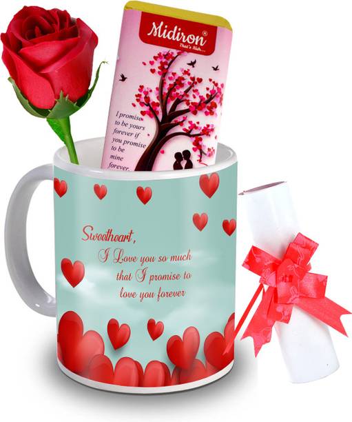 Midiron I Promise to be yours chocolate bar with love letter and Artificial Rose, Love quoted Coffee Mug, Gift for Valentine Day, Birthday, Anniversary for Wife, Girlfriend, Fiance IZ20DTLoveBar5RoseLC-190 Ceramic Gift Box