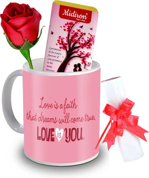 Midiron I Promise to be yours chocolate bar with love letter and Artificial Rose, Love quoted Coffee Mug, Gift for Valentine Day, Birthday, Anniversary for Wife, Girlfriend, Fiance IZ20DTLoveBar5RoseLC-45 Ceramic Gift Box