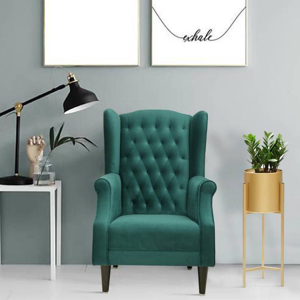 Flipkart Perfect Homes Beleza Tufted Green Wing Chair Solid Wood Living Room Chair