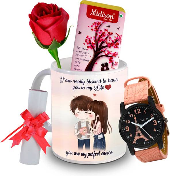 Midiron I Promise to be yours Chocolate Bar with Artificial Rose, and Beautiful Watch, Love Letter, Coffee Mug, Gift for Valentine Day, Birthday, and Anniversary for Wife, Girlfriend, Fiance IZ20DTLoveBar5RoseLCWatF1MU-200 Ceramic Gift Box