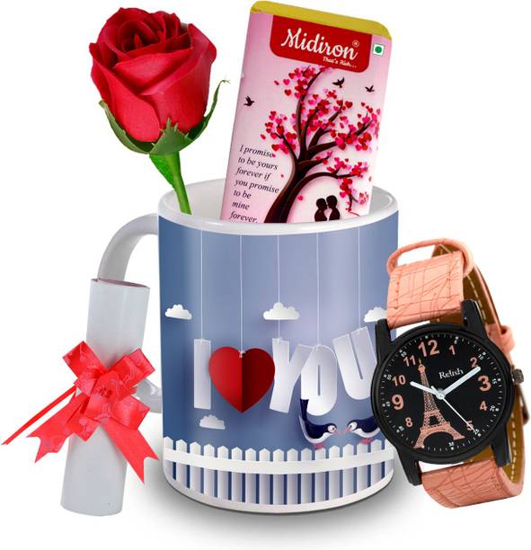 Midiron I Promise to be yours Chocolate Bar with Artificial Rose, and Beautiful Watch, Love Letter, Coffee Mug, Gift for Valentine Day, Birthday, and Anniversary for Wife, Girlfriend, Fiance IZ20DTLoveBar5RoseLCWatF1MU-187 Ceramic Gift Box