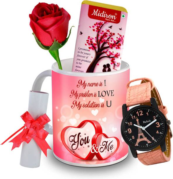 Midiron I Promise to be yours Chocolate Bar with Artificial Rose, and Beautiful Watch, Love Letter, Coffee Mug, Gift for Valentine Day, Birthday, and Anniversary for Wife, Girlfriend, Fiance IZ20DTLoveBar5RoseLCWatF1MU-191 Ceramic Gift Box