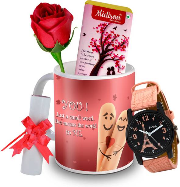 Midiron I Promise to be yours Chocolate Bar with Artificial Rose, and Beautiful Watch, Love Letter, Coffee Mug, Gift for Valentine Day, Birthday, and Anniversary for Wife, Girlfriend, Fiance IZ20DTLoveBar5RoseLCWatF1MU-195 Ceramic Gift Box
