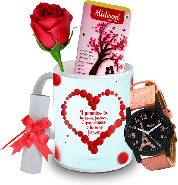 Midiron I Promise to be yours Chocolate Bar with Artificial Rose, and Beautiful Watch, Love Letter, Coffee Mug, Gift for Valentine Day, Birthday, and Anniversary for Wife, Girlfriend, Fiance IZ20DTLoveBar5RoseLCWatF1MU-184 Ceramic Gift Box