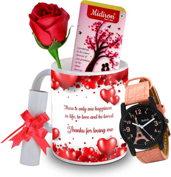 Midiron I Promise to be yours Chocolate Bar with Artificial Rose, and Beautiful Watch, Love Letter, Coffee Mug, Gift for Valentine Day, Birthday, and Anniversary for Wife, Girlfriend, Fiance IZ20DTLoveBar5RoseLCWatF1MU-193 Ceramic Gift Box