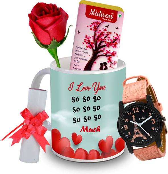 Midiron I Promise to be yours Chocolate Bar with Artificial Rose, and Beautiful Watch, Love Letter, Coffee Mug, Gift for Valentine Day, Birthday, and Anniversary for Wife, Girlfriend, Fiance IZ20DTLoveBar5RoseLCWatF1MU-198 Ceramic Gift Box