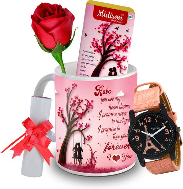 Midiron I Promise to be yours Chocolate Bar with Artificial Rose, and Beautiful Watch, Love Letter, Coffee Mug, Gift for Valentine Day, Birthday, and Anniversary for Wife, Girlfriend, Fiance IZ20DTLoveBar5RoseLCWatF1MU-183 Ceramic Gift Box