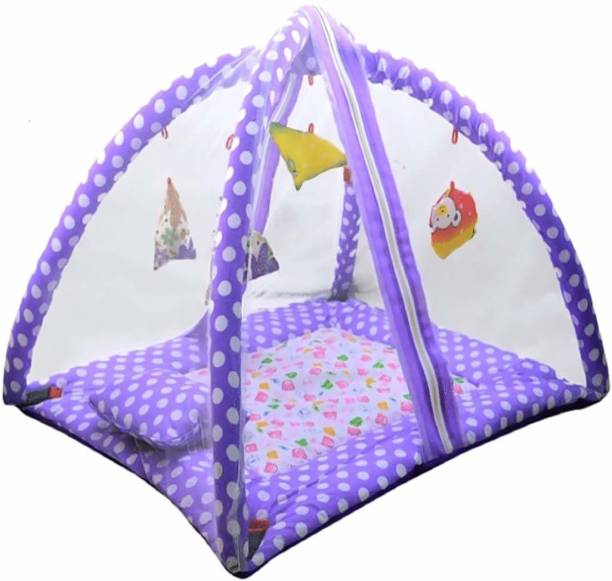 little monkeys Polka Dots Infant Baby Bedding Set with Mosquito Net | Newborn Play Gym with Hanging Toys | New Born Infants Machardani Sleeping Bed; coton,(purple)