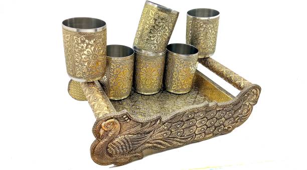 RHANDICRAFT Gold Peacock Design Tray With Handle Glass Tray Set, Glass Tray Set (Wood, Stainless Steel)Oxidize Glass, Handicraft Tray, Oxidized Peacock Design Glass Tray Set