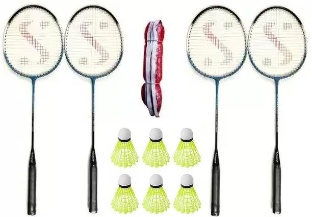 Monika Sports 4 Pc Badminton Racquet + 6 pc Nylon Shuttle + Two sided Niwar tape Badminton net Badminton Kit