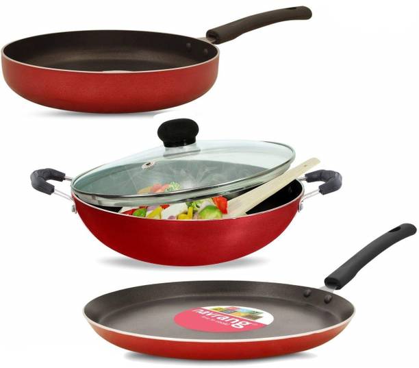 NAVRANG NONSTICK 4PCS COMBO SET TAWA275MM+KADAI 230MM+FRY PAN 230MM WITH GLASS LID कुकवेयर सेट