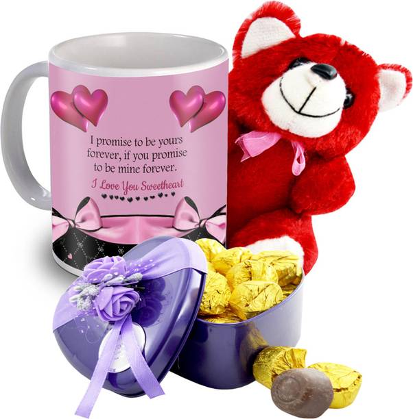Midiron Chocolate Gifts Pack with Printed Ceramic Mug and Red Soft Teddy Gifts for Valentine’s Day, IZ20Choco15TinBox4DPurMUTR-DTLove-182 Ceramic, Silk Gift Box