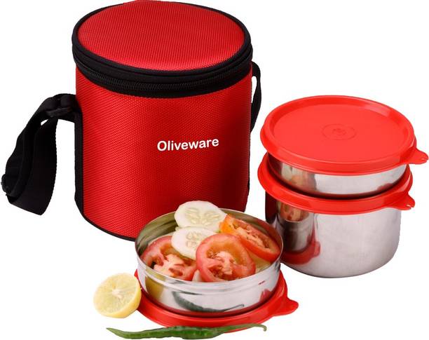 Oliveware Lovlely Stlyo Lunch Box | Stainless Steel Containers | Idle for Office Use | Insulated Fabric Bag | Leak Proof & Microwave Safe | Full Meal & Easy to Carry - Red 3 Containers Lunch Box