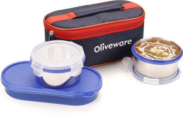 Oliveware Aroma Lunch Box | Air-Tight Containers with Bag | School, College & Office | Leak Proof & Microwave Safe | Highgrade Plastic - Blue 3 Containers Lunch Box