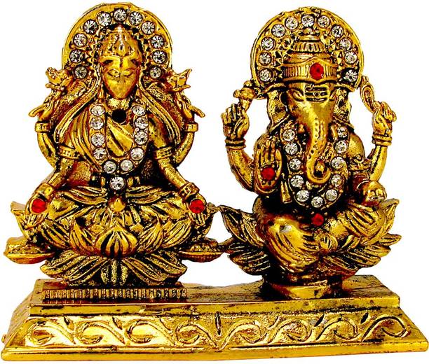 Le Exotica Antique Style God Laxmi Ganesh, Mata Lakshmi & Lord Ganesha Metal Idol With Golden Electroplating to Worship & Gain Prosperity Ideal for Home Office, Religious Gift, Vastu or Car Dashboard Decorative Showpiece  -  6 cm