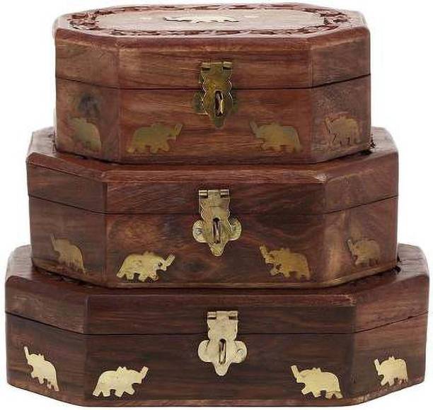 CART OF CRAFTS 3 Wooden Jewellery Jewel Boxes Storage Box Organizer Gift Box for Women Necklace Earring Set Bangles Churi Holder Gift for Men Dimensions: 8X5X2.5 7X5X2.5 6X4X2.5 JEWELRY Vanity Box
