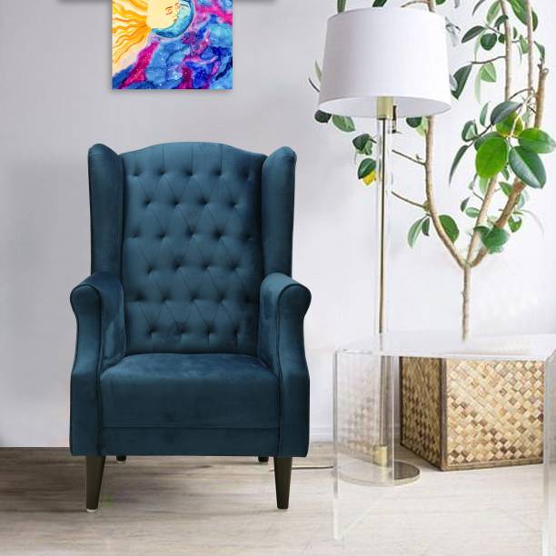 Flipkart Perfect Homes Beleza Tufted Blue Wing Chair Solid Wood Living Room Chair