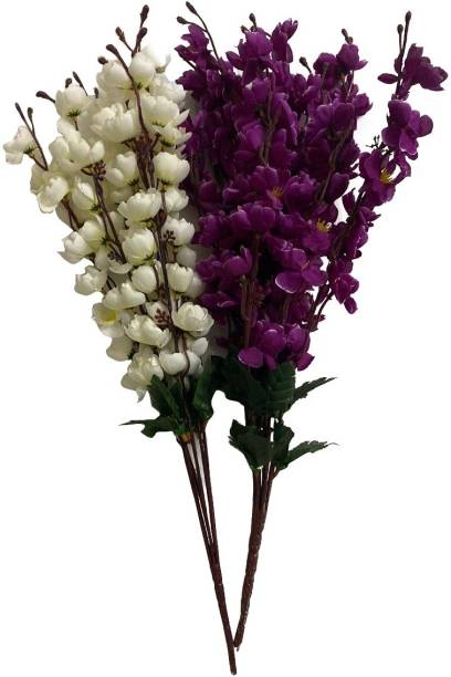 Ryme Combo Of White And Purple Artificial Flower Bunch For Home Decoration Showpiece (Pack Of 2) White, Purple Orchids Artificial Flower