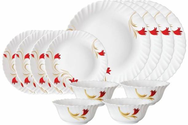 BOROSIL Pack of 12 Opalware Red Lily Dinner Set