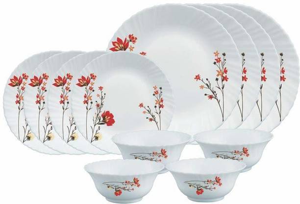 BOROSIL Pack of 12 Opalware Chrys Red Dinner Set