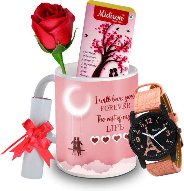Midiron I Promise to be yours Chocolate Bar with Artificial Rose, and Beautiful Watch, Love Letter, Coffee Mug, Gift for Valentine Day, Birthday, and Anniversary for Wife, Girlfriend, Fiance IZ20DTLoveBar5RoseLCWatF1MU-186 Ceramic Gift Box