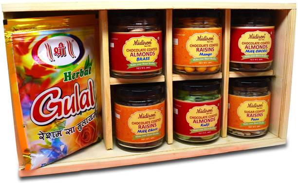 Midiron Holi Gift Hamper, Chocolate Coated Dry Fruits with Holi Herbal Gulal Wooden, Glass Gift Box