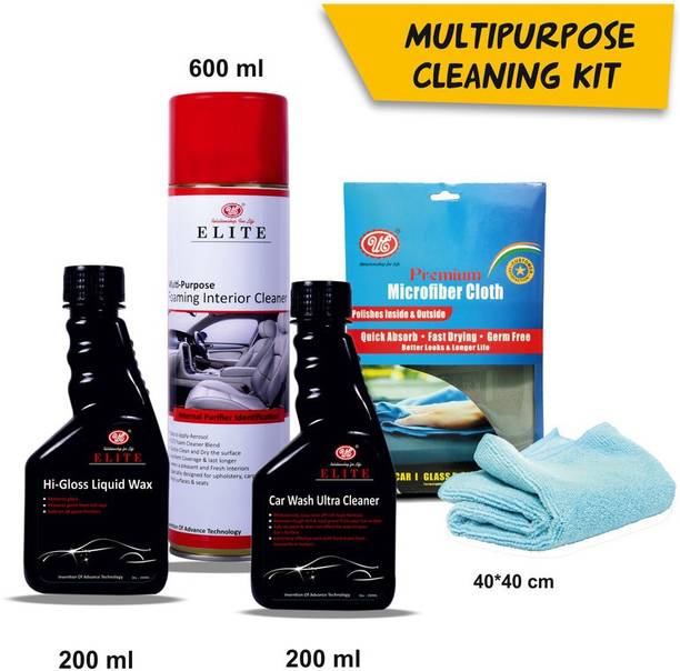 UE Car Care Kit (Car Wash Shampoo, Interior Foaming, Hi Gloss Liquid Wax, Micro Fiber Cloth) Combo