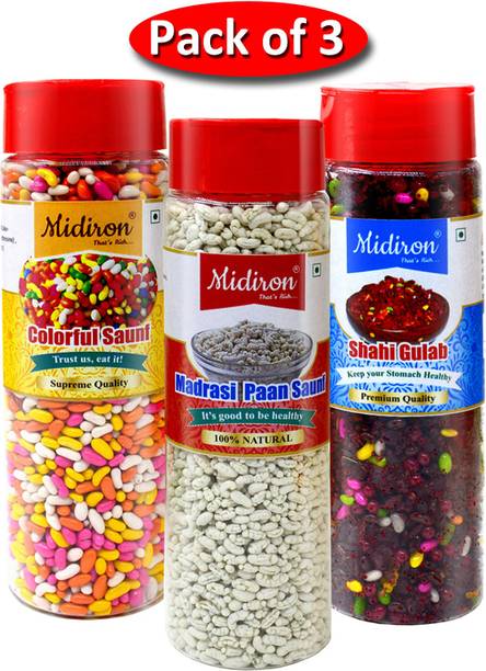 Midiron Mukhwas, Mix Colorful Saunf, Shahi Gulab & Madrasi Paan Mukhwas (150 gm each) (Pack 3) Paan, Gulab Mouth Freshener