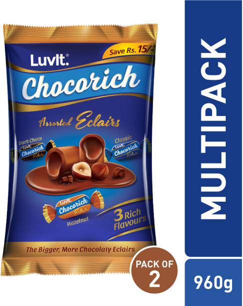 LuvIt Chocorich Assorted Eclairs - Hazelnut, Dark Choco & Classic, 60 pieces, 480g - Pack of 2 Bars