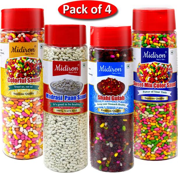 Midiron Mukhwas Pack 4, Color Saunf, Madrasi Paan, Shahi Gulab, Sweet Mix Colorful Saunf , Mouth Freshener ( 150 gm each) Mint, Gulab Mouth Freshener