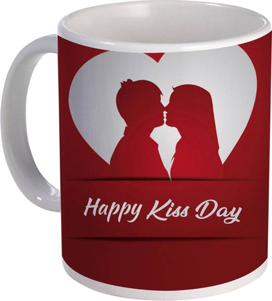COLOR YARD happy kiss day design with silhouette romantic couple kissing in heart design on Ceramic Coffee Mug
