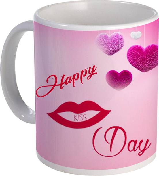 COLOR YARD happy kiss day design with lip and hearts design on Ceramic Coffee Mug