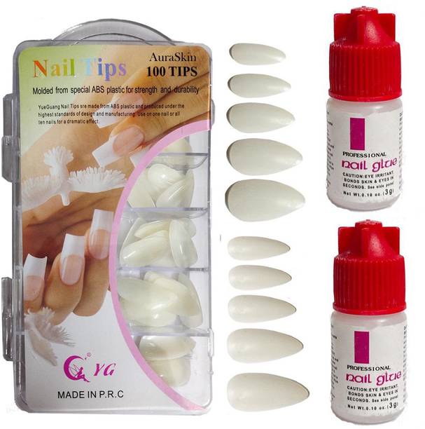 AuraSkin Almond Shaped Artificial Nails Extension 100 Tips for Professional and Personal Use With 2 Glue White off white