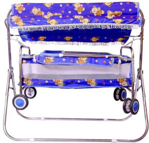 Style Palna Jhula Swing Buggie for Baby New Born Cradle Bassinet with Mosquito Net and Wheel Steel Cot