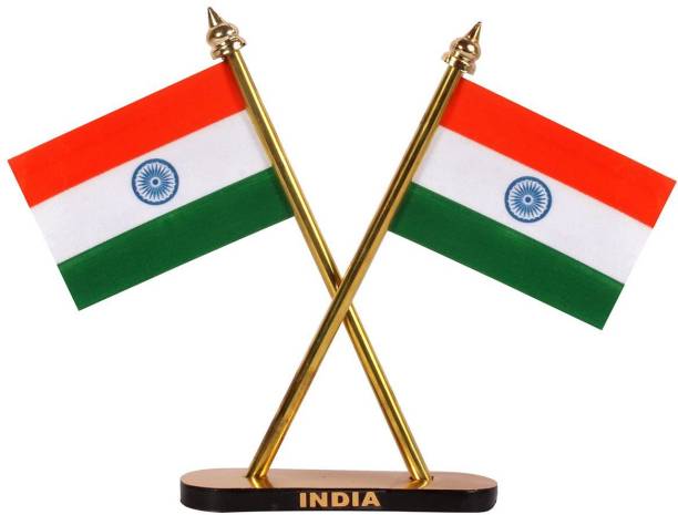 H.M INDIAN FLAG WITH CrOSSED DESIGN FLAG FOR CAR DASHBOARD , OFFICE/ STUDY TABLE BRASS ROD Triangle Table Miniature Flag