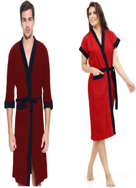 एलेवेंटो लाल और नीला फ्री साइज बाथ रोब