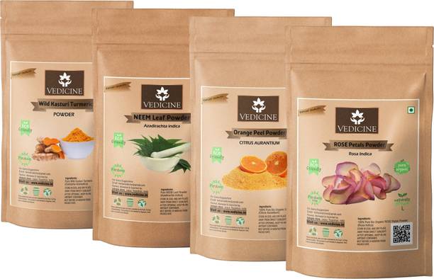 VEDICINE 100% Oragnic Wild Kasturi Turmeric Neem Leaf Orange Peel & Rose Petal Powder For Face