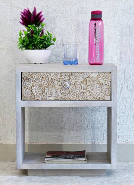 SamDecors Solid Wood Lisa Carving Side/Bedside Table with One Drawer White Solid Wood Side Table